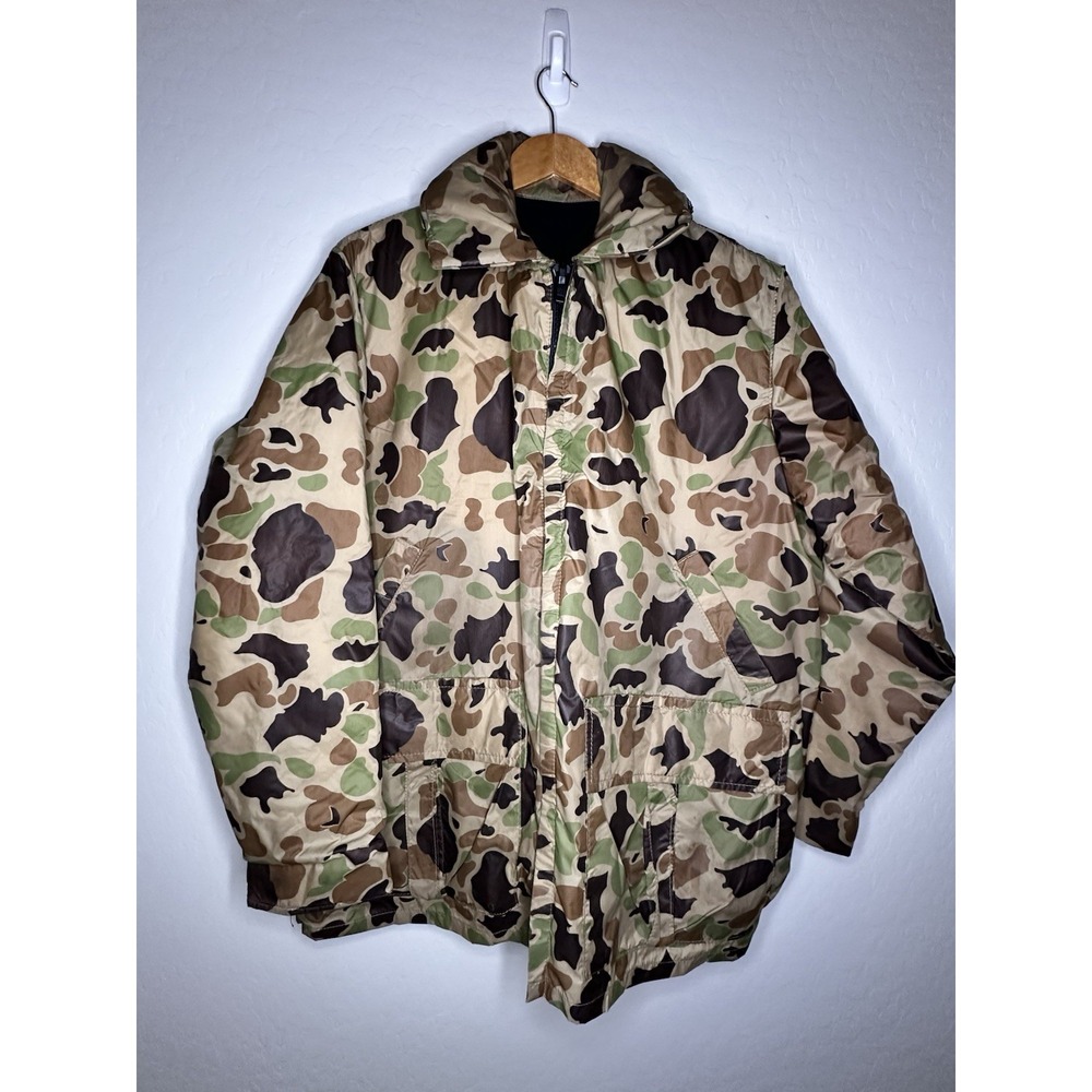 Vtg Stearns Float Flotation Camouflage Hooded Rain Jacket Coat Mens XL USA